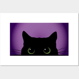 Peek-a-Boo Black Cat (Purple) Posters and Art